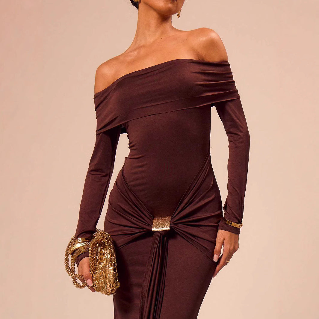 Off-shoulder waist tie dress