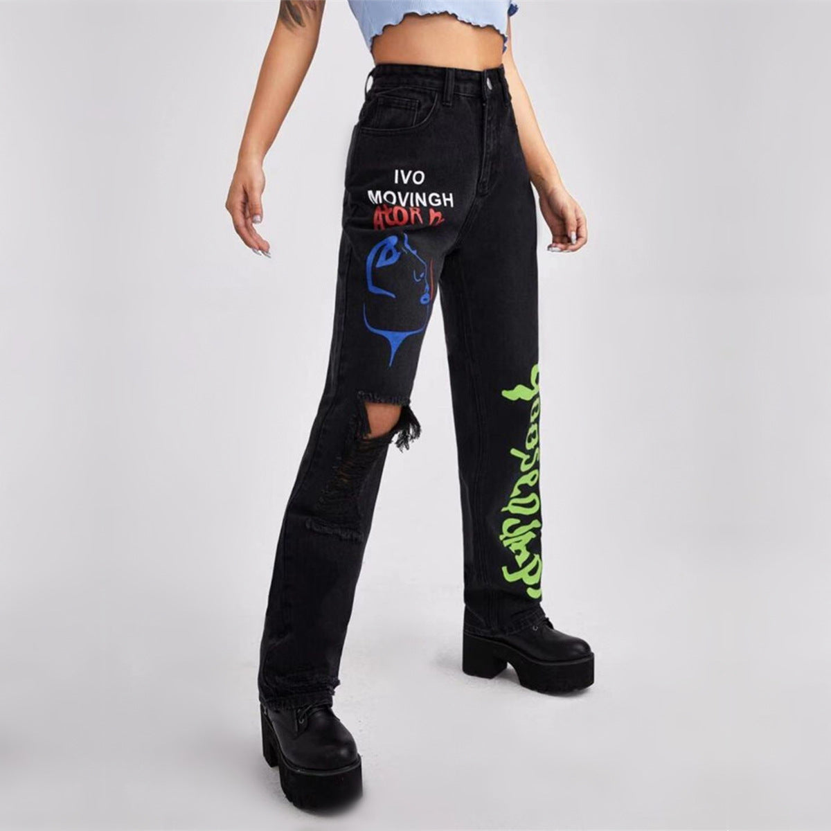 Stylish Black Distressed Denim Pants with Graphic Prints