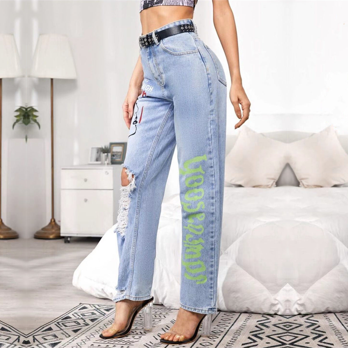 Stylish Black Distressed Denim Pants with Graphic Prints