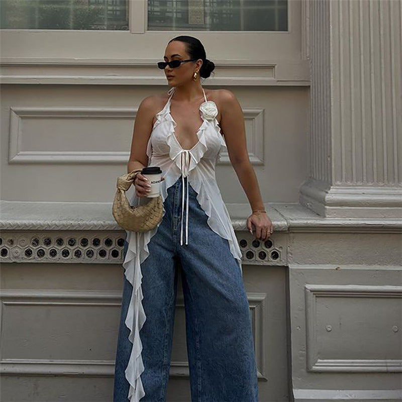 White floral ruffled mesh