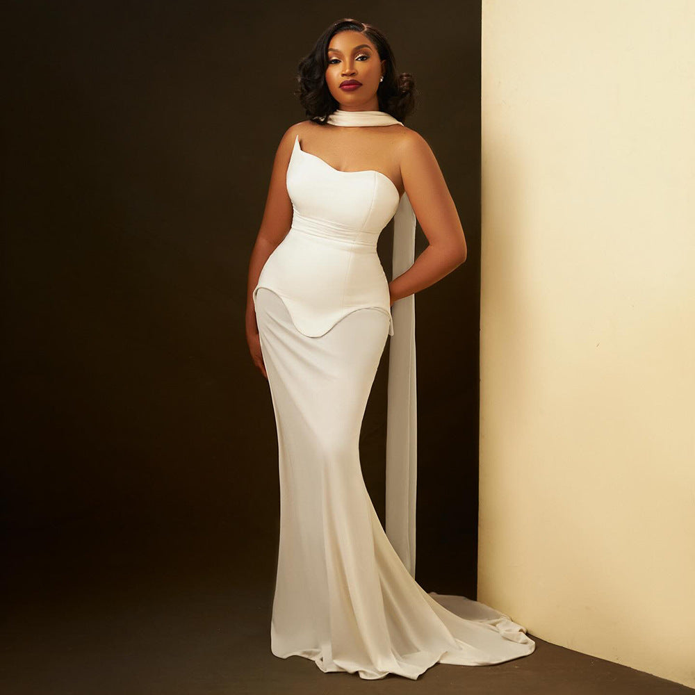 White Satin Halterneck Mermaid Gown with Draped Train