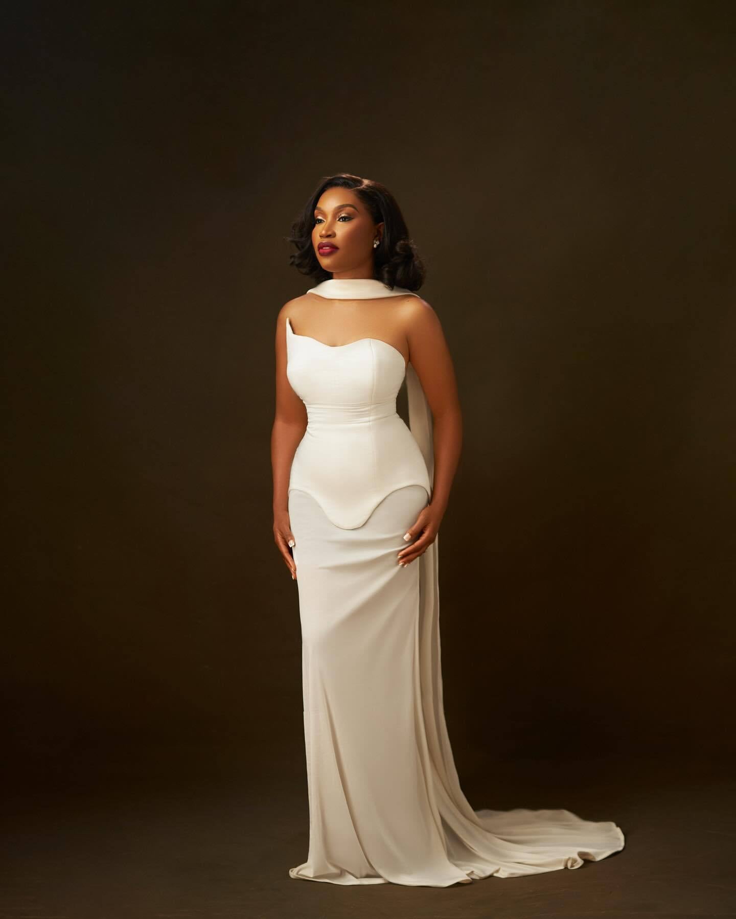 White Satin Halterneck Mermaid Gown with Draped Train