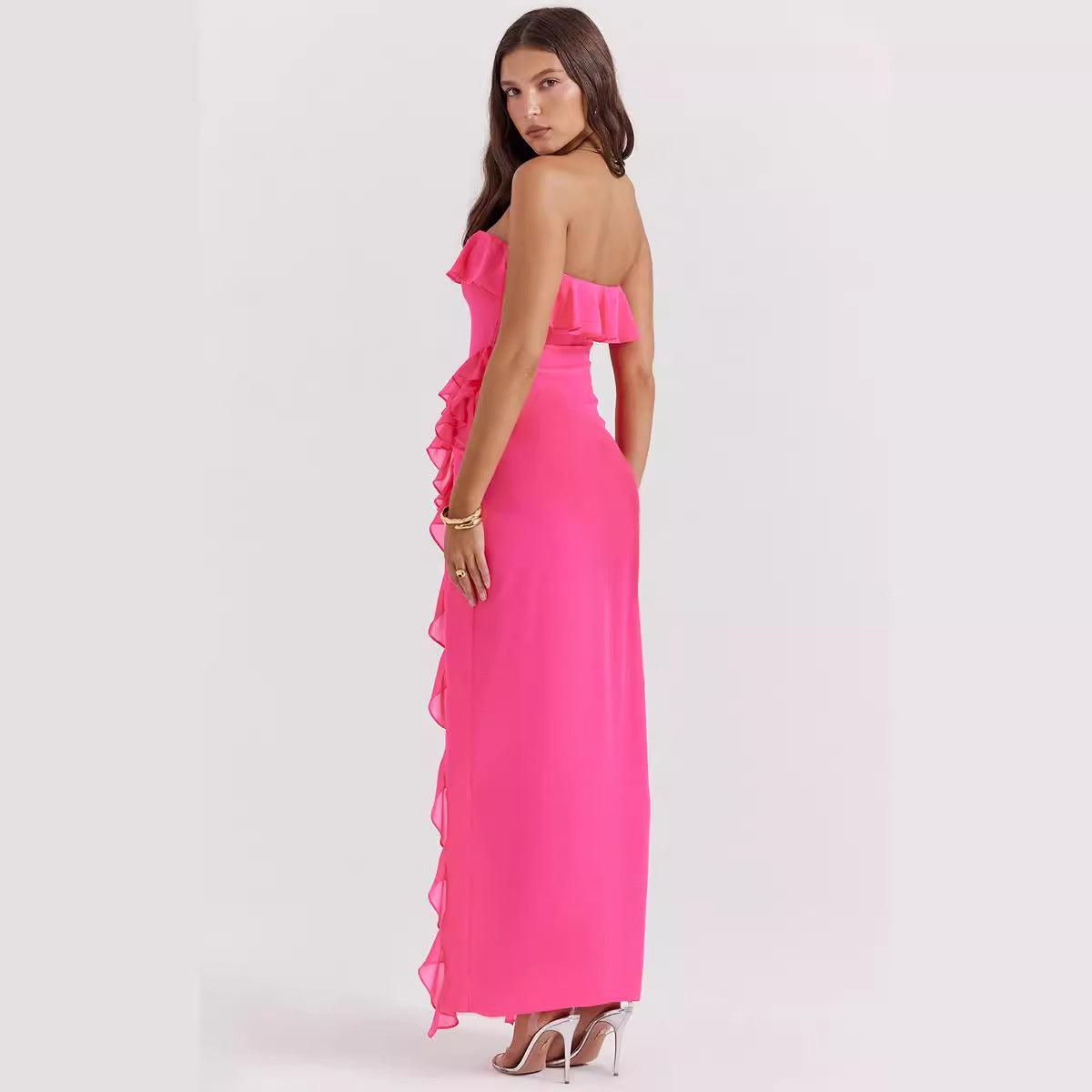 Elegant pink gradient silk long skirt