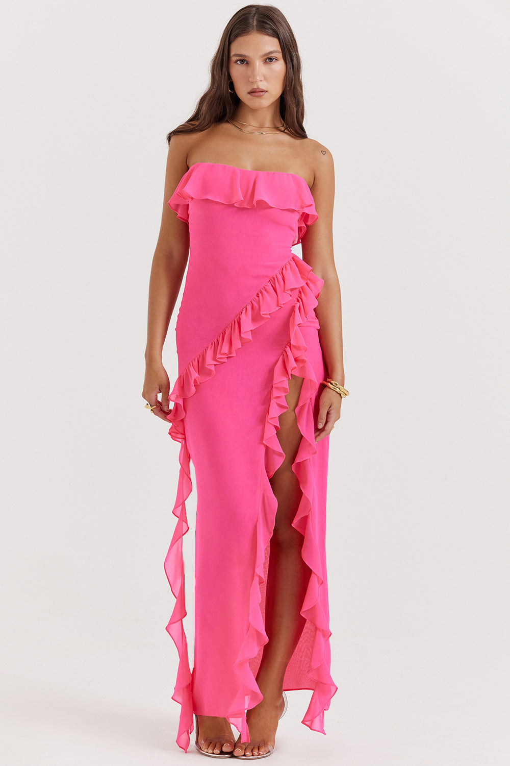 Elegant pink gradient silk long skirt