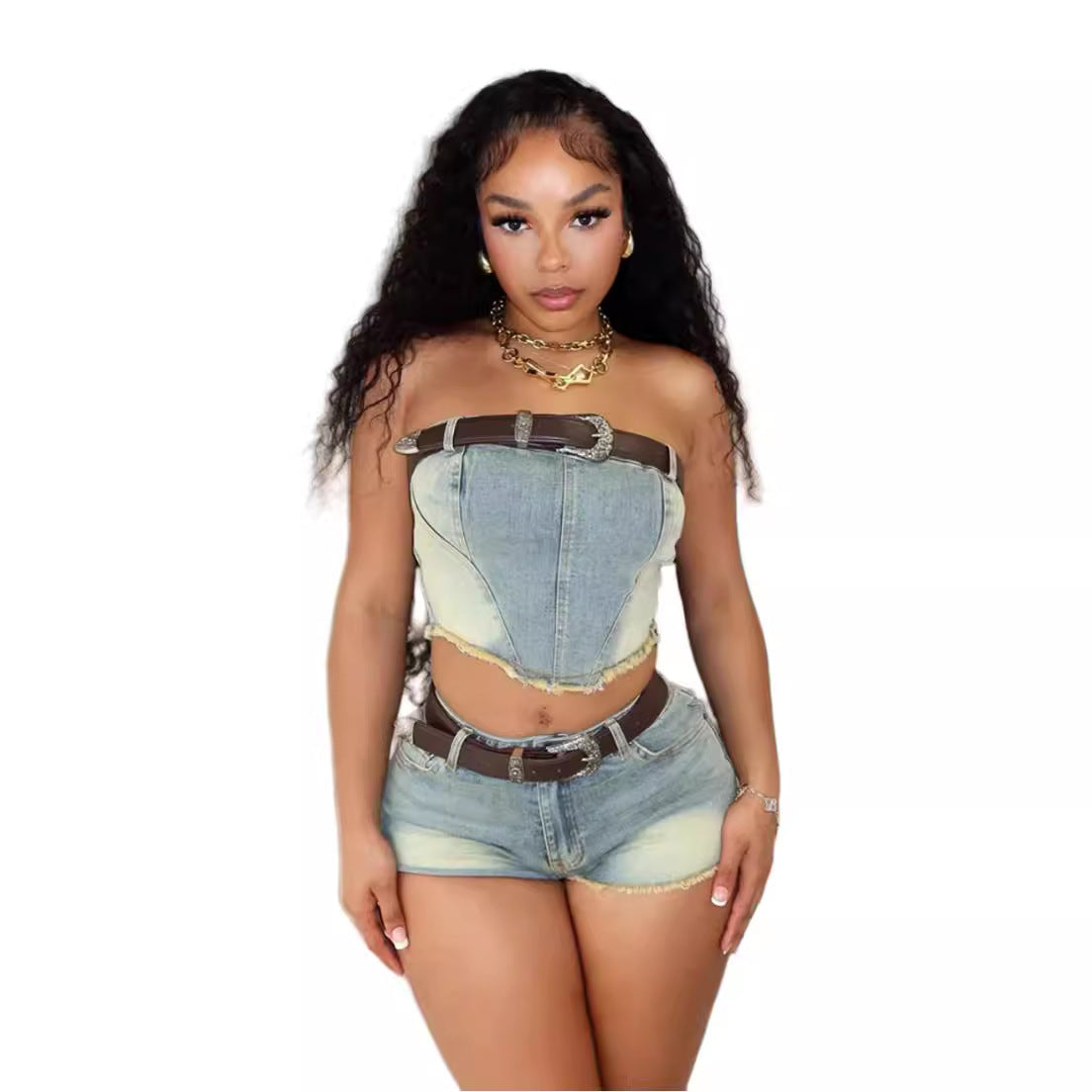 Denim Allure Strappy Bustier and Shorts Ensemble