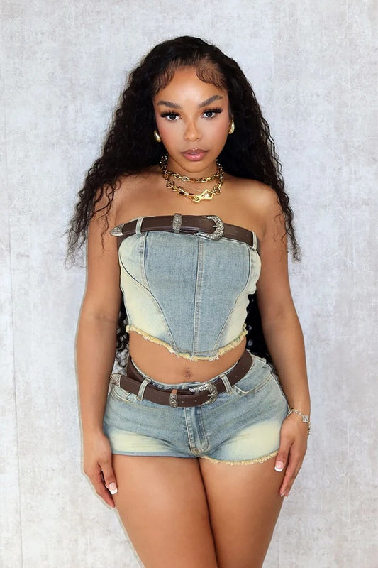 Denim Allure Strappy Bustier and Shorts Ensemble