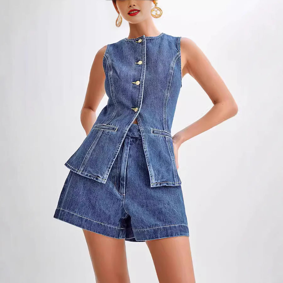 Sleeveless High Waisted Buttoned Denim Suit