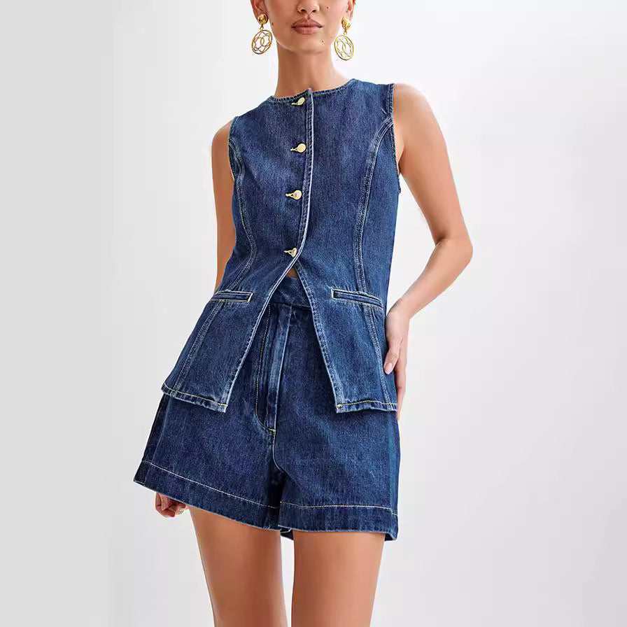 Sleeveless High Waisted Buttoned Denim Suit