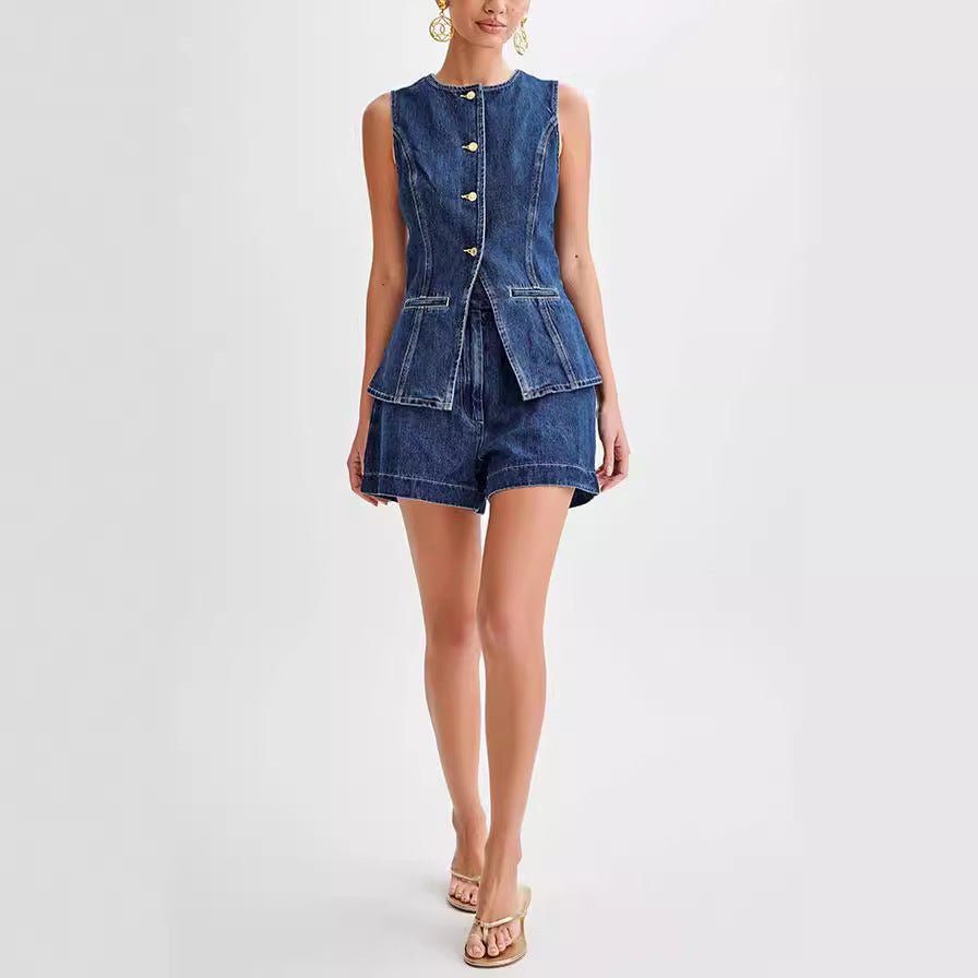 Sleeveless High Waisted Buttoned Denim Suit