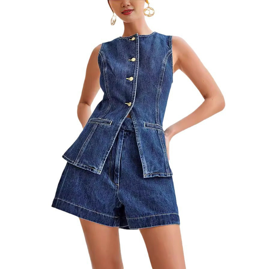 Sleeveless High Waisted Buttoned Denim Suit