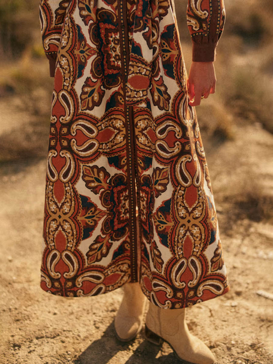 Printed Long Sleeve Shirt Maxi Dress