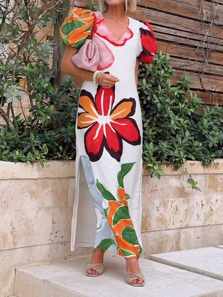 Printed V Neck Puff Sleeve A-Line Maxi Dress