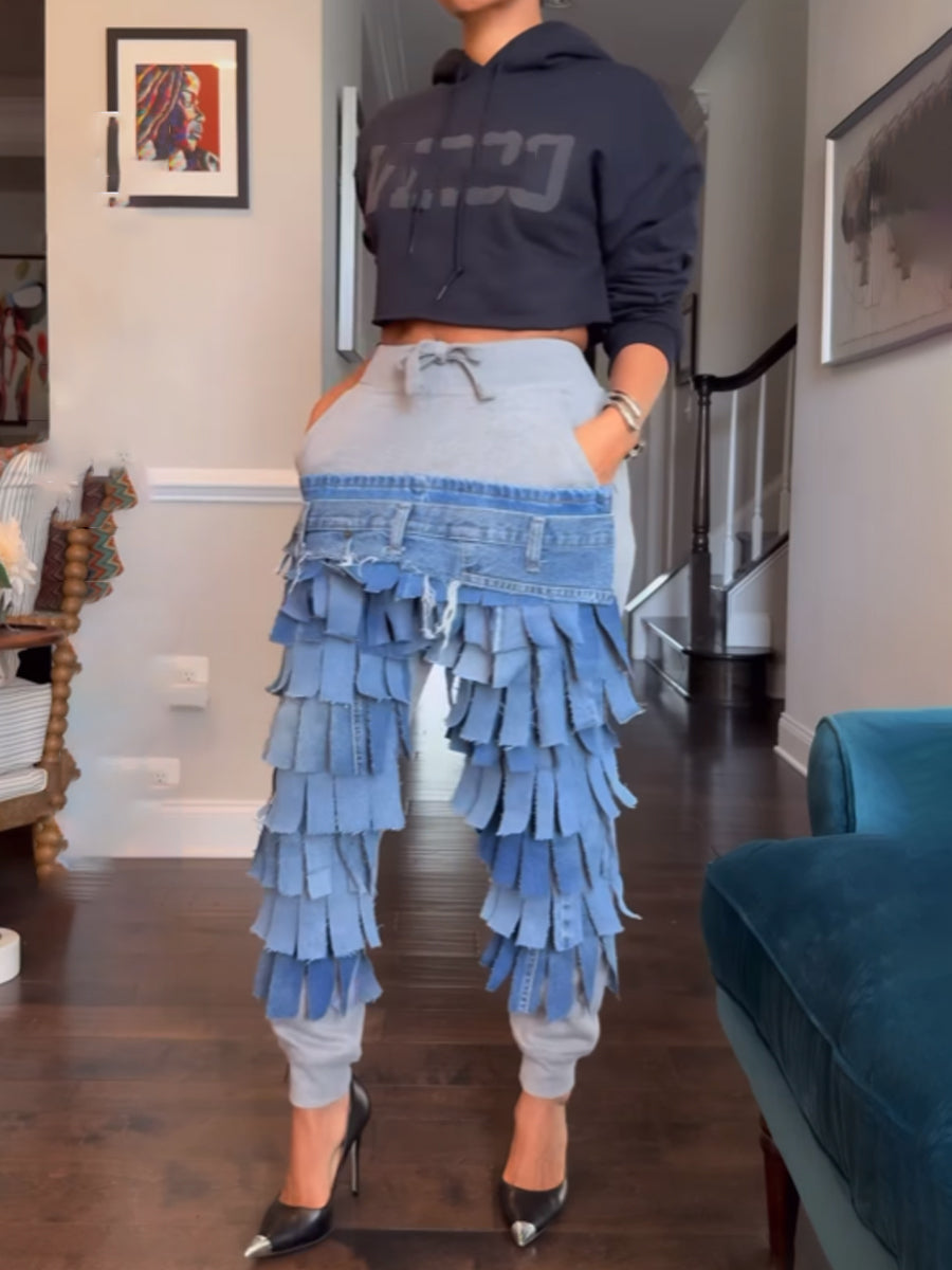 Denim Patchwork Fringed Jogger