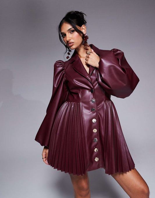 Balloon sleeve mini dress with pleats in burgundy