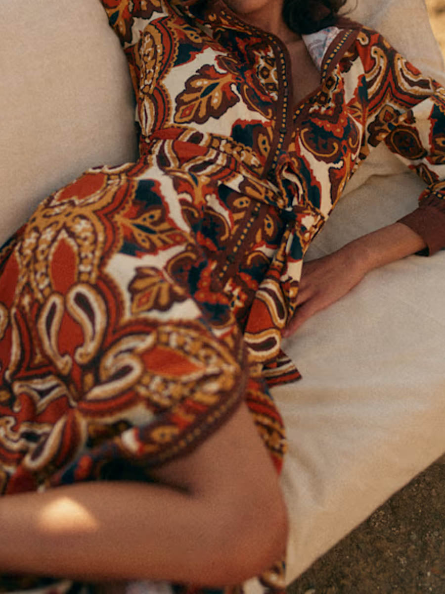 Printed Long Sleeve Shirt Maxi Dress