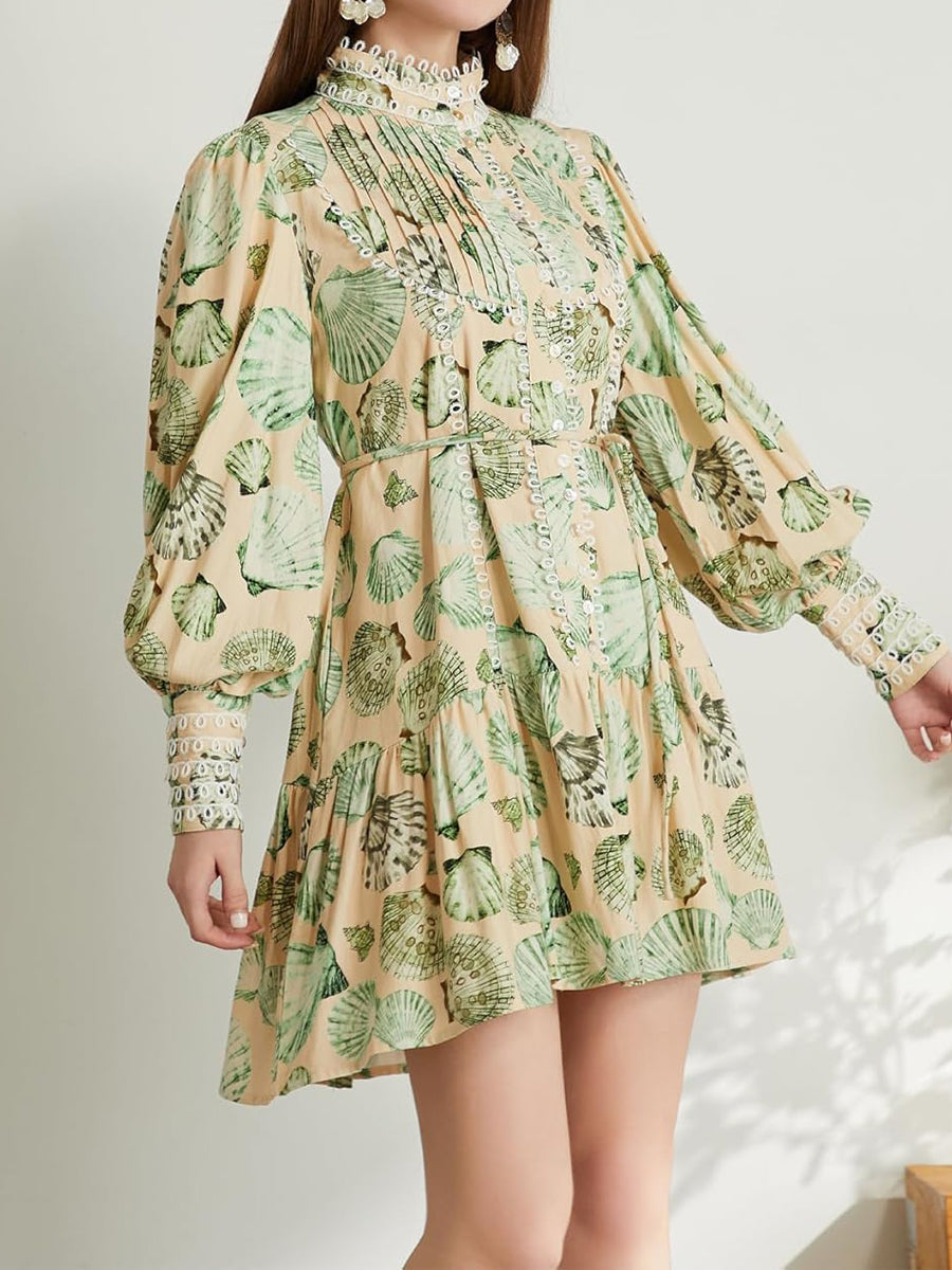 Printed Ruffle Sleeve Tunic Midi Dress