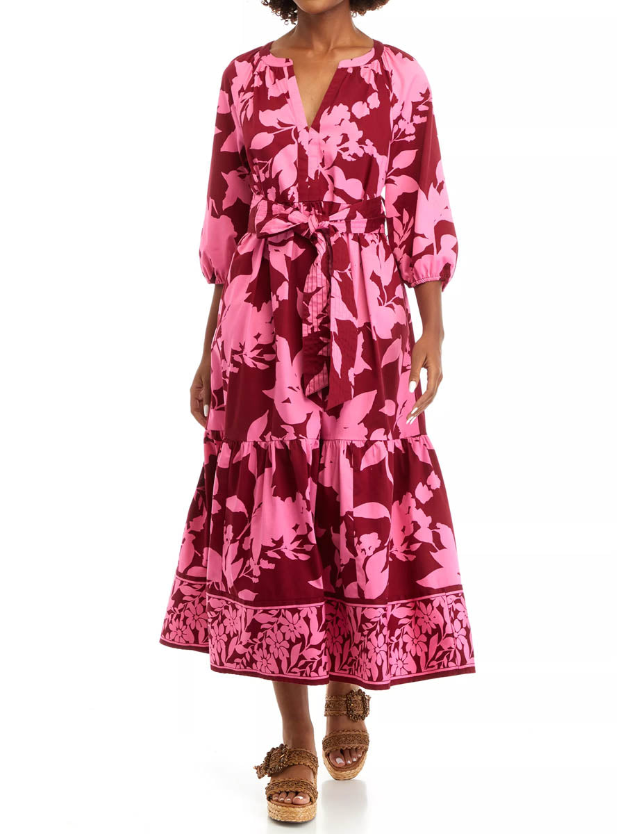 3/4 Sleeve Printed Belted Maxi Dress