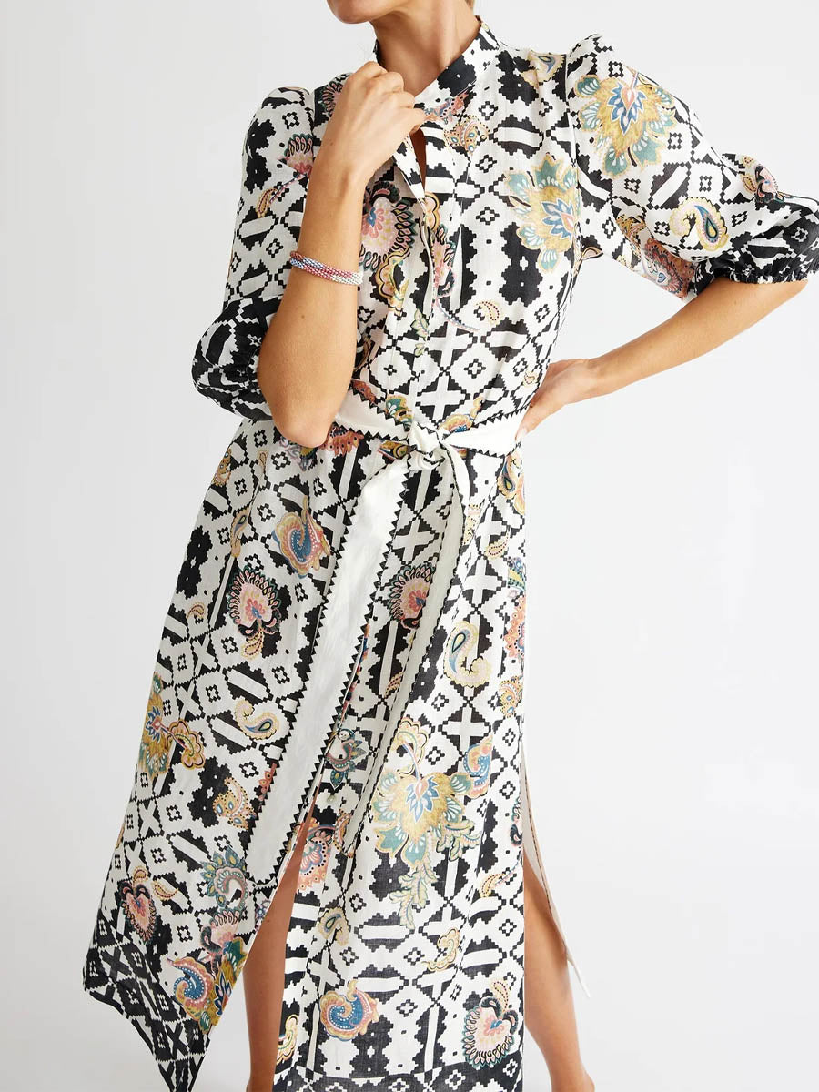 Printed Long Sleeve Slit Hem Belted Dress