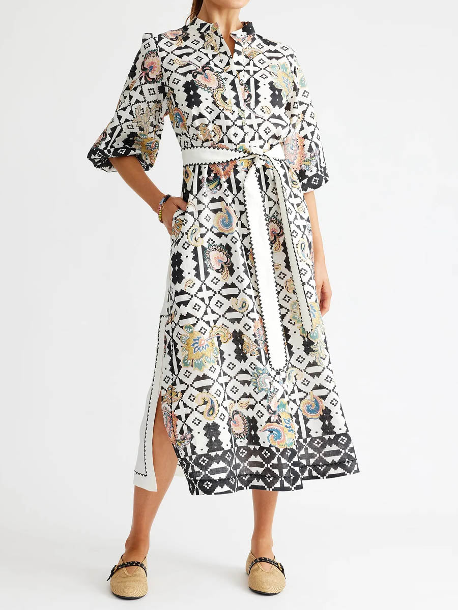 Printed Long Sleeve Slit Hem Belted Dress