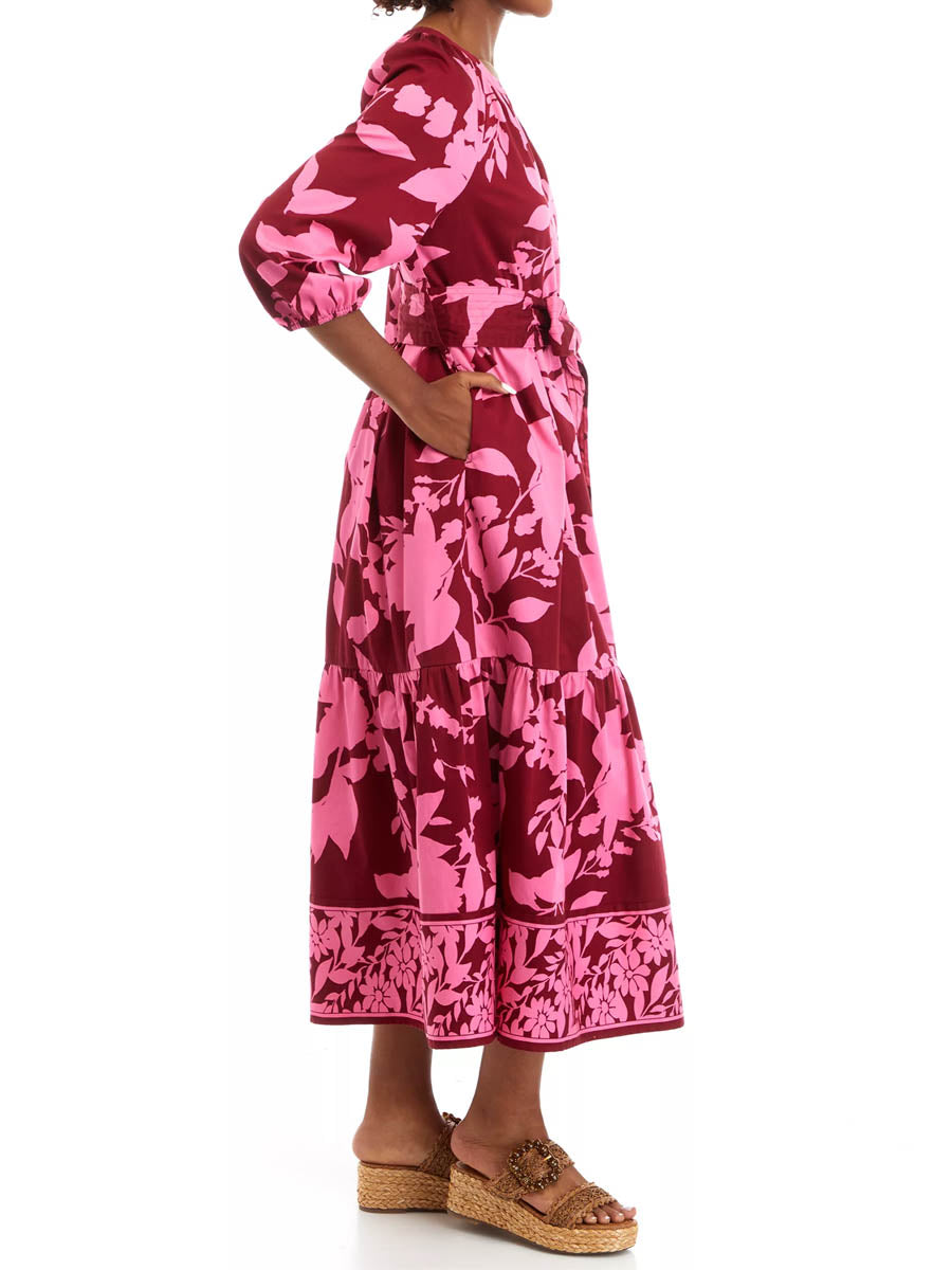 3/4 Sleeve Printed Belted Maxi Dress