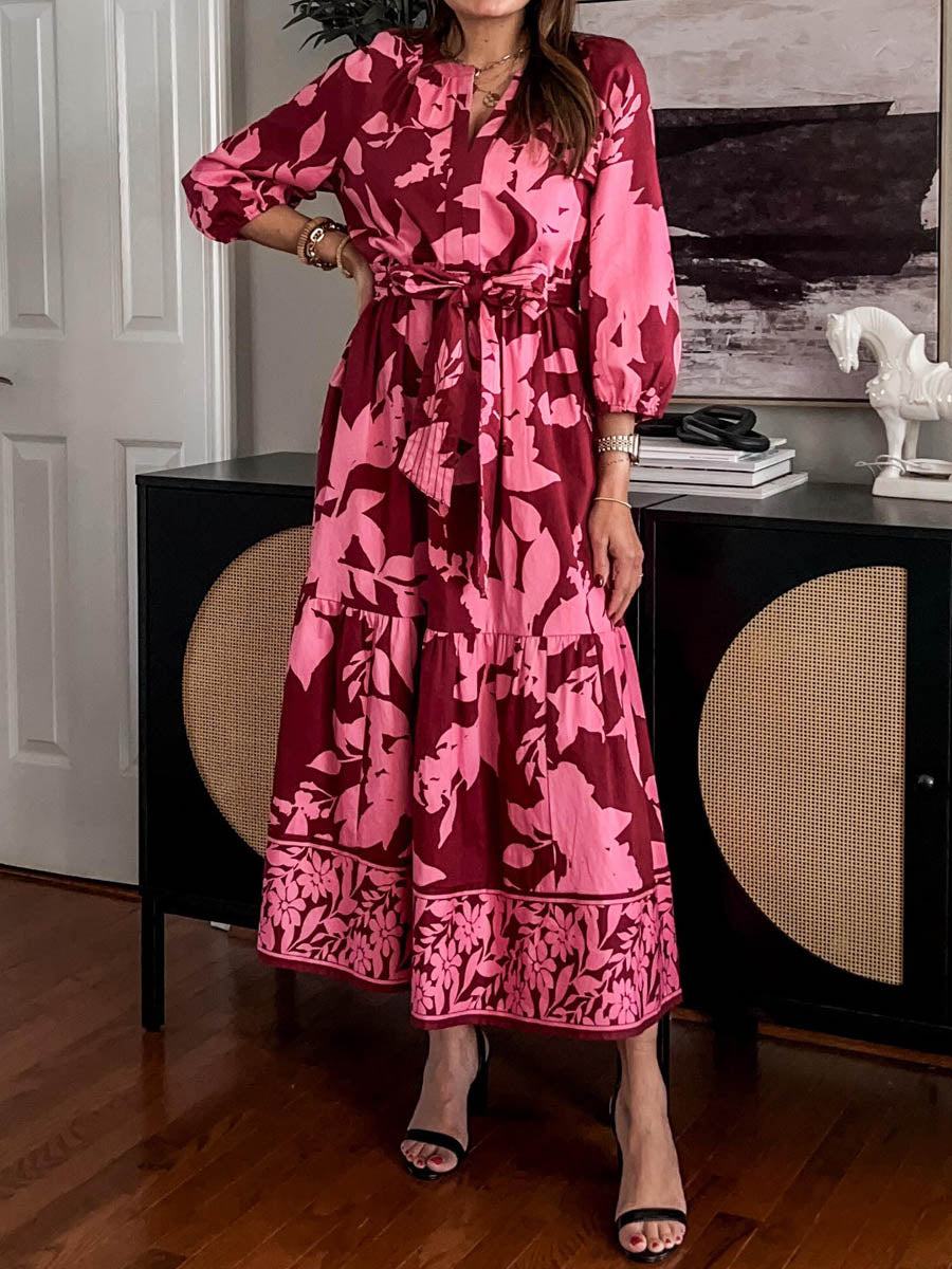 3/4 Sleeve Printed Belted Maxi Dress