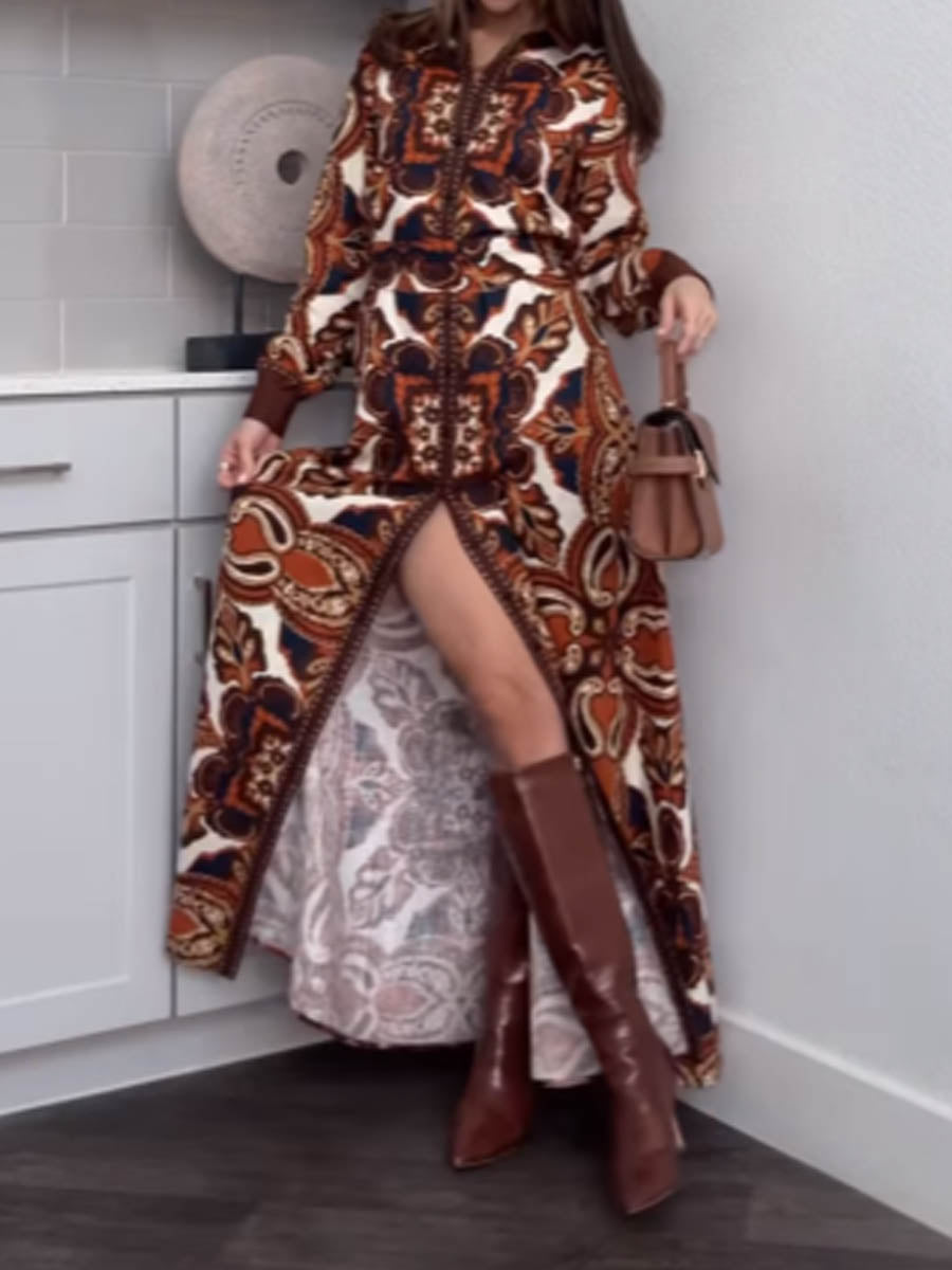 Printed Long Sleeve Shirt Maxi Dress