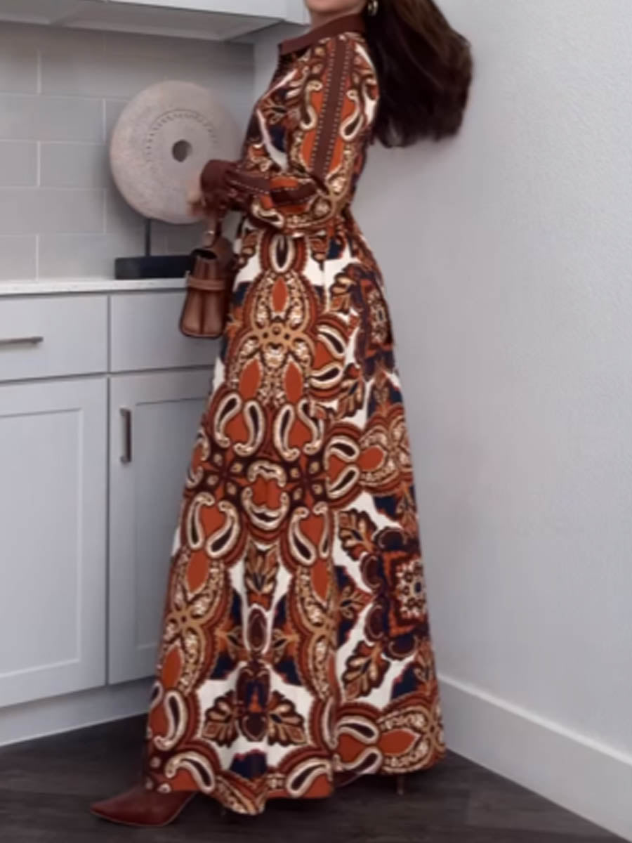 Printed Long Sleeve Shirt Maxi Dress