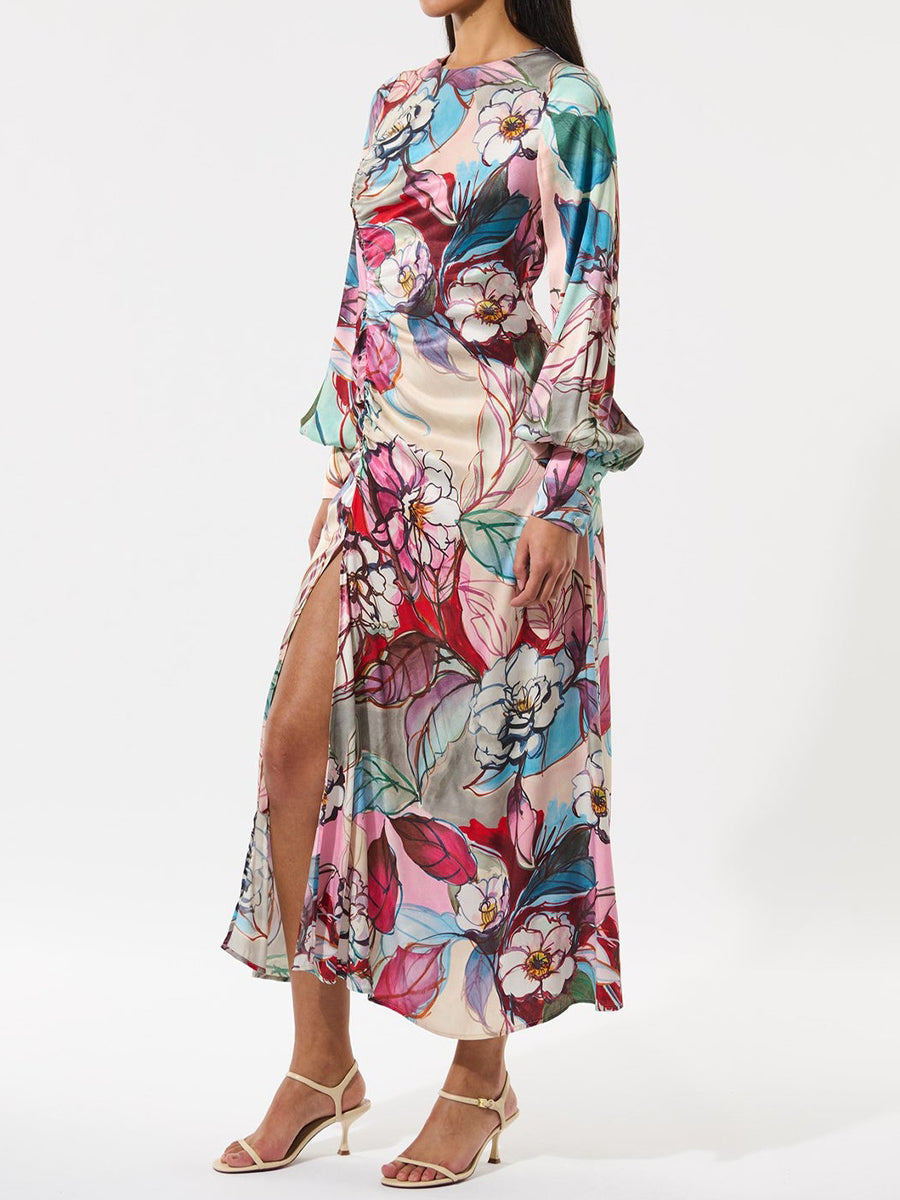 Printed Slit Hem Long Sleeve Dress