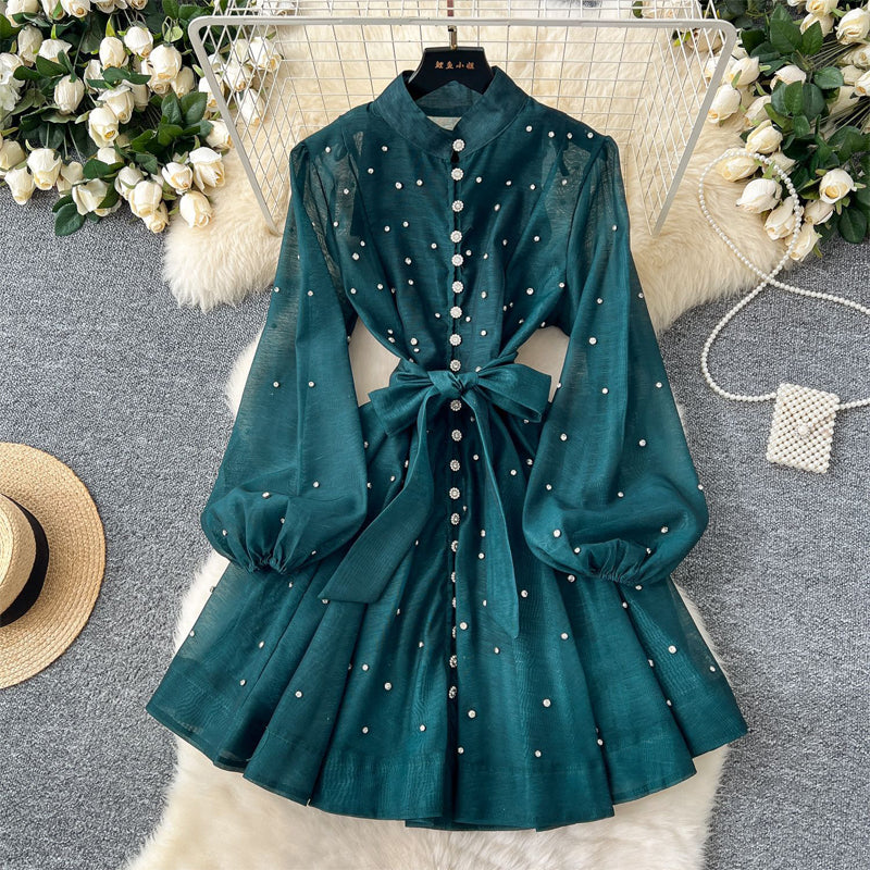 Rhinestone Lantern Sleeve Single-breasted Dress