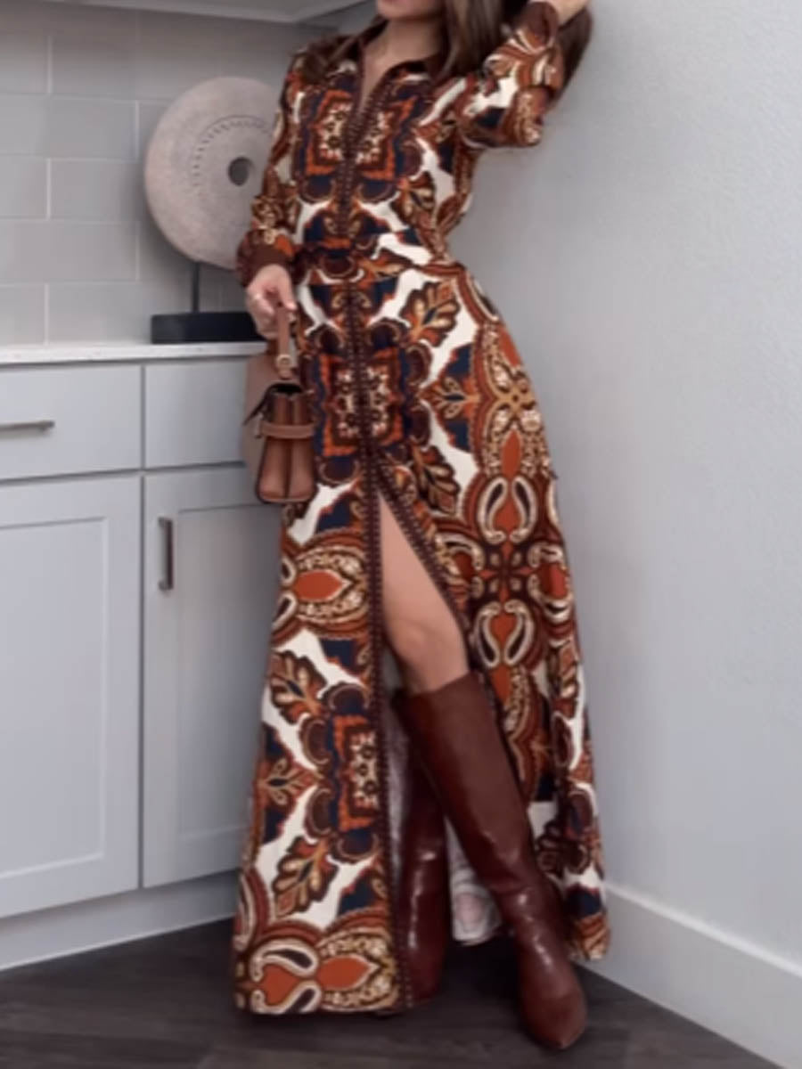 Printed Long Sleeve Shirt Maxi Dress