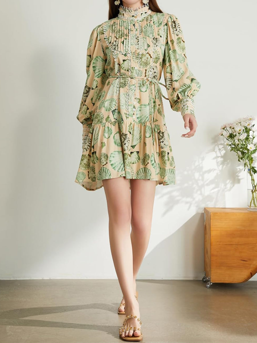 Printed Ruffle Sleeve Tunic Midi Dress