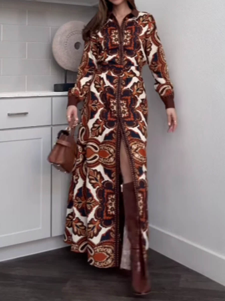 Printed Long Sleeve Shirt Maxi Dress