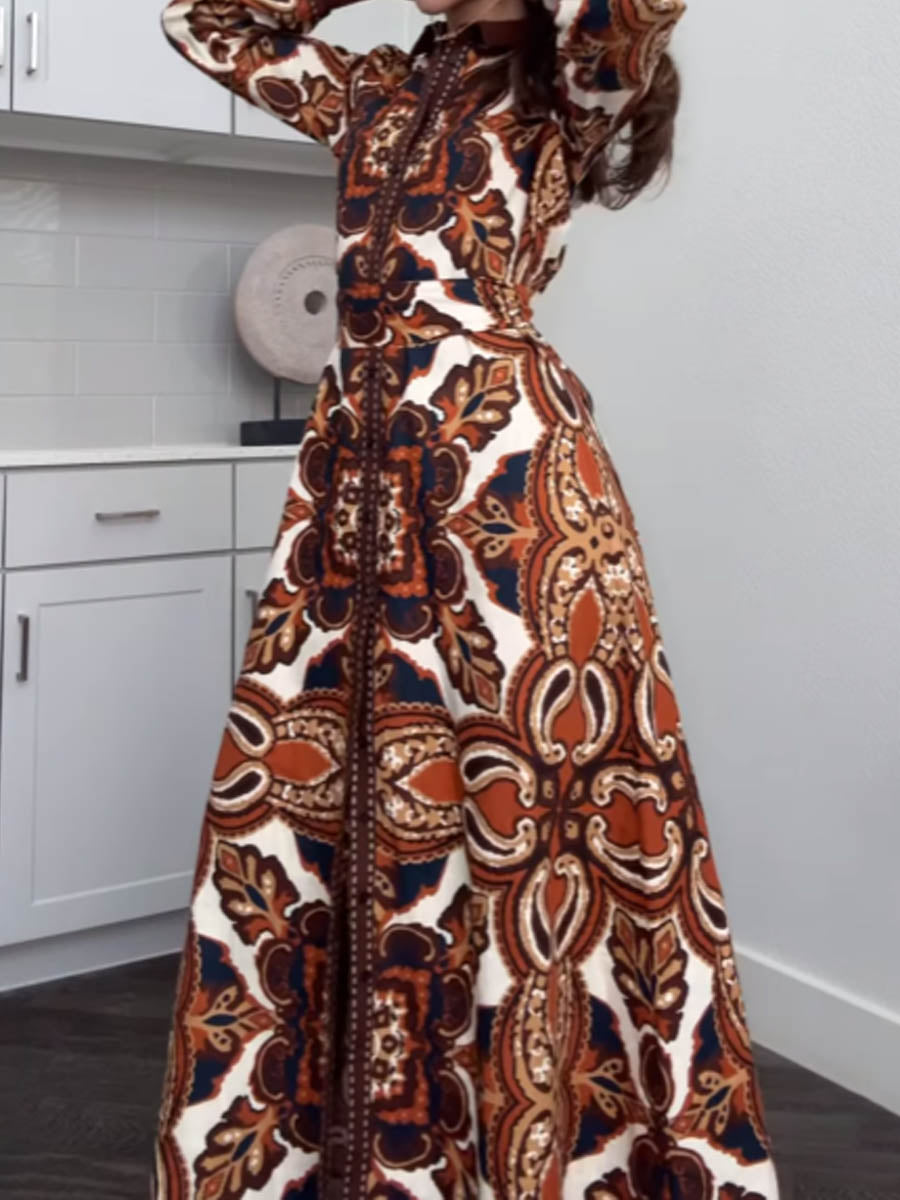 Printed Long Sleeve Shirt Maxi Dress