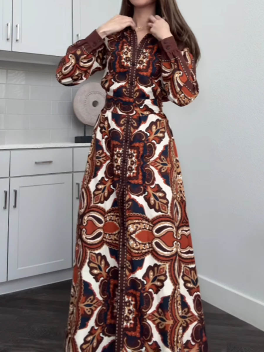 Printed Long Sleeve Shirt Maxi Dress