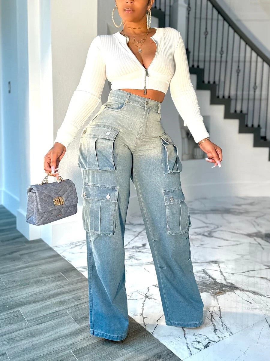 Trendy Cargo Wide-Leg Denim Pants