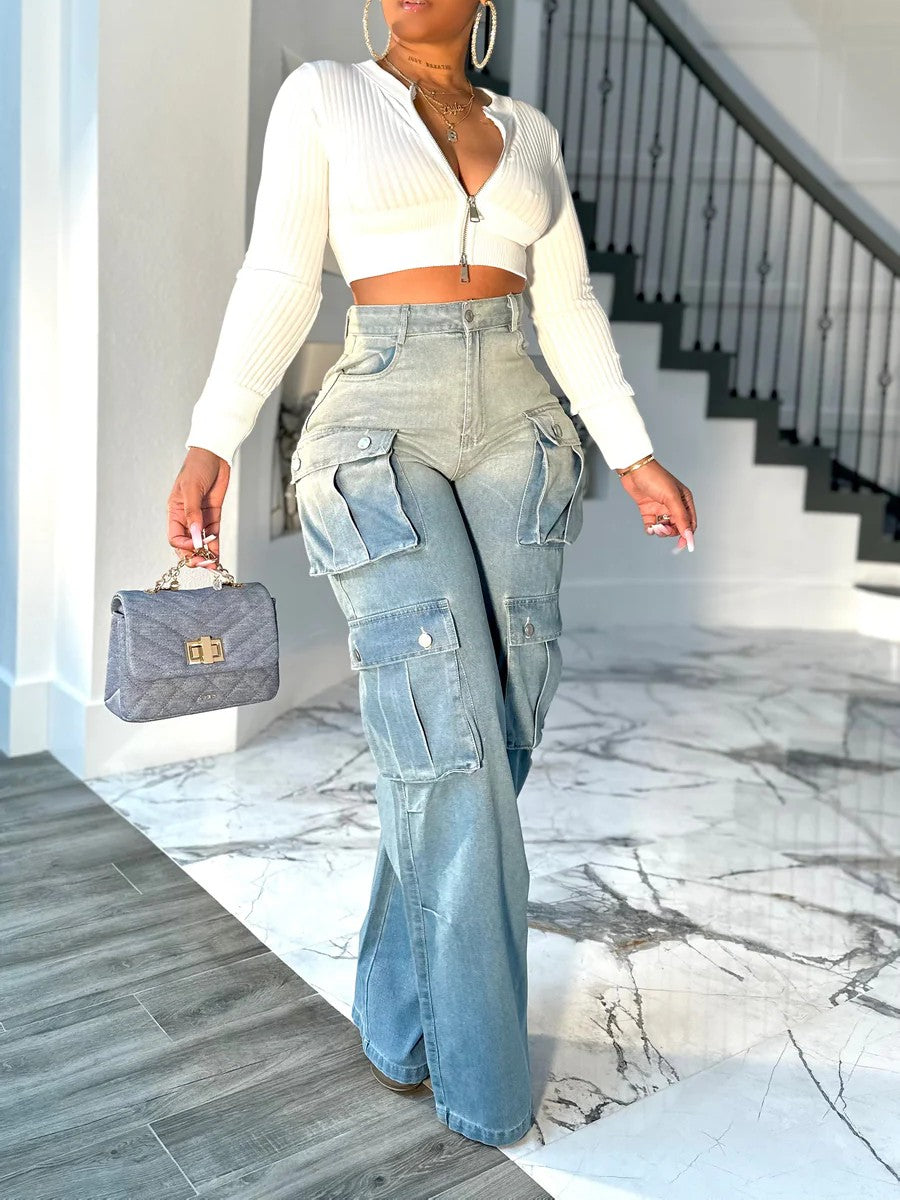 Trendy Cargo Wide-Leg Denim Pants