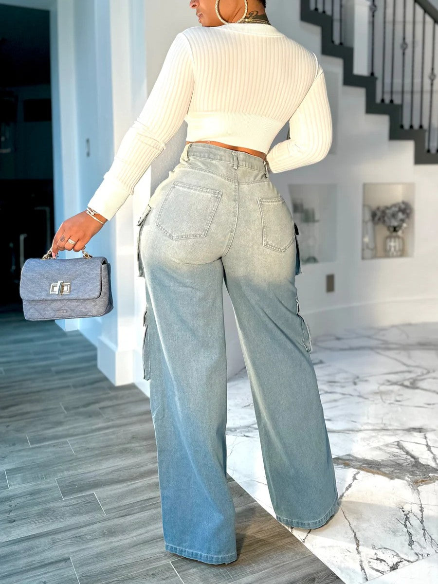 Trendy Cargo Wide-Leg Denim Pants