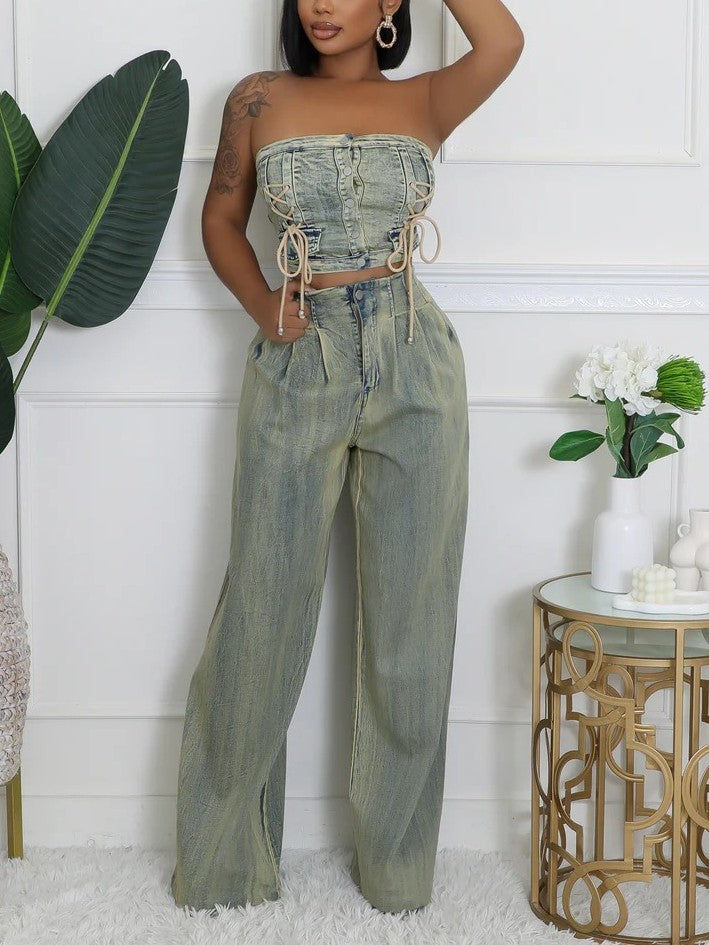 Chic Distressed Denim Two-Piece Set