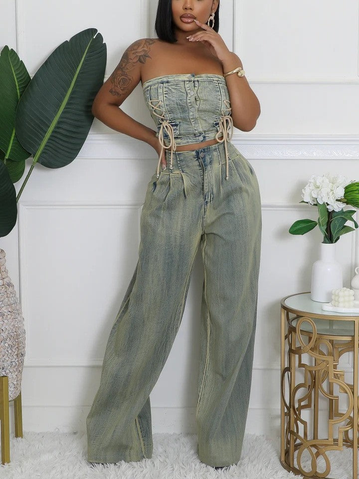 Chic Distressed Denim Two-Piece Set