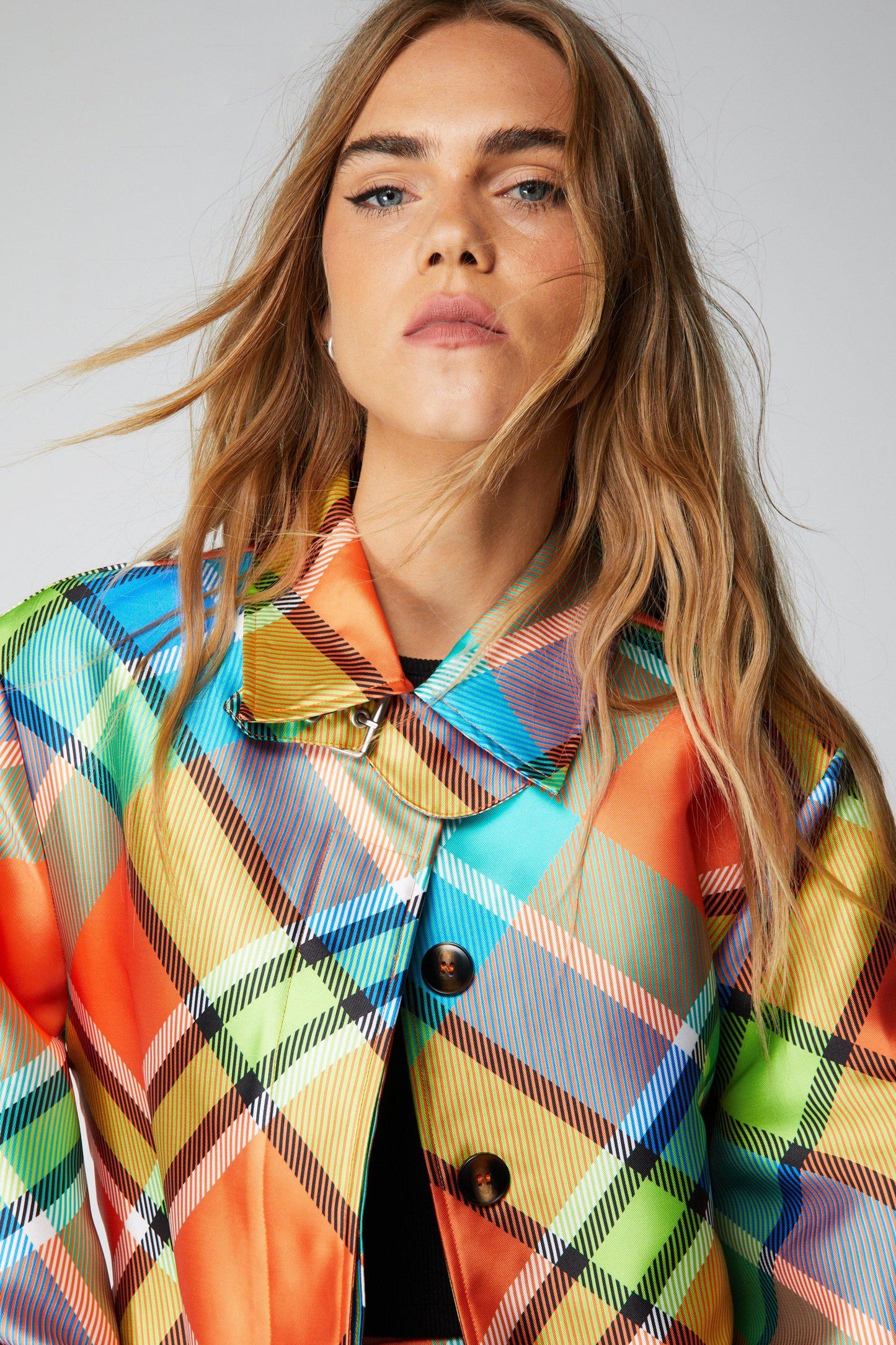 Bright multi-color check coat