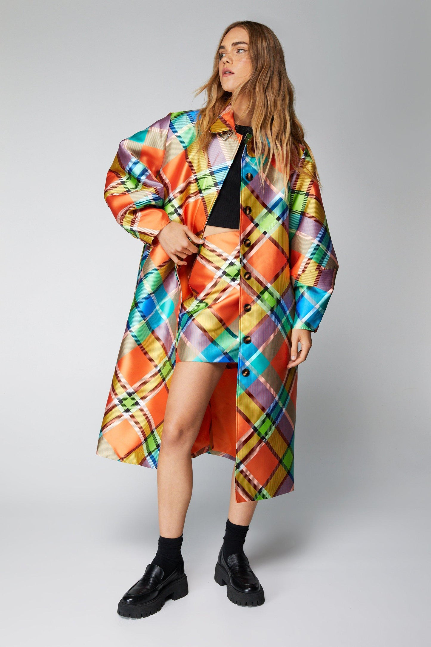 Bright multi-color check coat